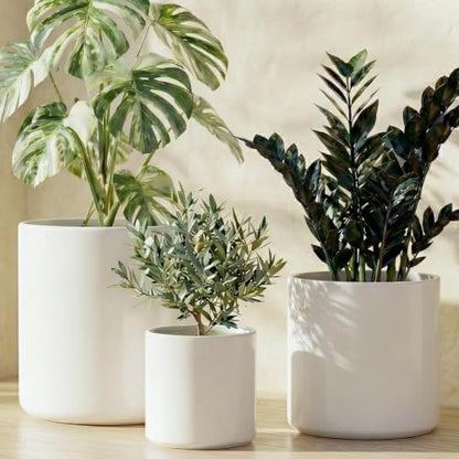 LE TAUCI 10+8+6 Inch Ceramic Pots for Plants, Indoor Planters with Drainage Hole and Plug, Modern Cylinder Flower Pots Set of 3 for Living Room and Bedroom, Satin, White - color: White