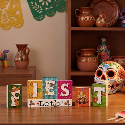 Smile Let's Fiesta Wooden Letter Block Set, 7-Piece Mexican Fiesta Tabletop Decor for Cinco De Mayo Party & Tiered Tray Display - style: Fiesta