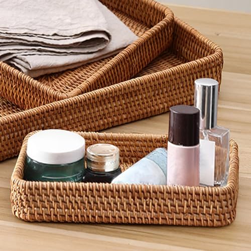 Rattan Bathroom Vanity Trays, Serving Vanity Basket Toilet Tank Basket Small Narrow Guest Towel Holder for Dressing Table, Shelves, Desk Top, Cabinet, Nightstand ﻿Storage