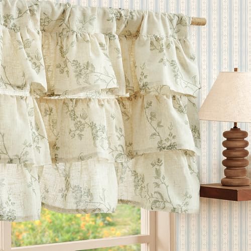 jinchan Alisa Ruffled Floral Valance Curtain 18 Inch 1 Panel Green on Linen - color: Alisa Green on Linen