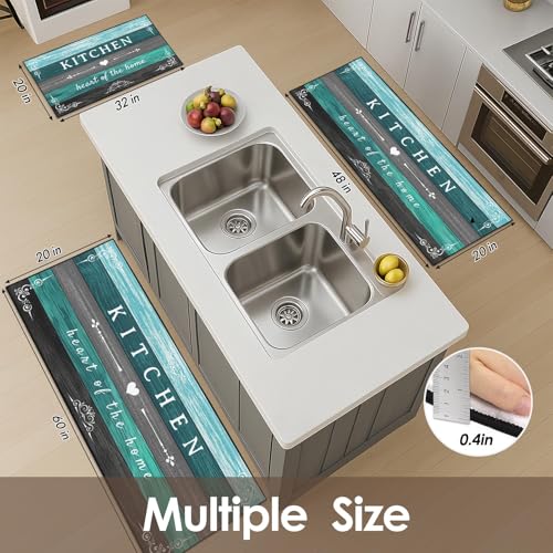 Kitchen Rugs Sets of 3 Non Slip Washable Mats for Floor, Wooden - color: Turquoise Teal Wooden