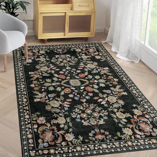 MUJOO 3x5 Rug Washable Floral Area Rugs Non Slip Ultra-Thin - color: Black, size: 3' x 5' (Rectangular)