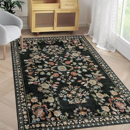 MUJOO 3x5 Rug Washable Floral Area Rugs Non Slip Ultra-Thin - color: Black, size: 3' x 5' (Rectangular)