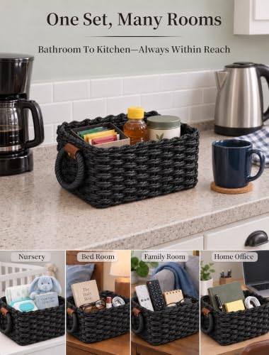 Small Wicker Baskets, 3 PCS Paper Rope Baskets for Shelves, Black - color: Black