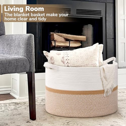 CHICVITA XXL Cotton Rope Woven Blanket Basket with Handles, White & Brown - color: White and Brown