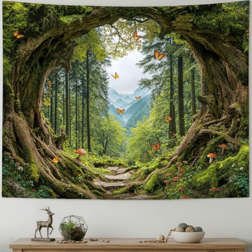 AMM Green Nature Forest Tapestry 80x60 Inch | Tree Mountain Large Tapestry Wall Hanging, Jungle Butterfly Mushroom Landscape Wall Mural, Ideal for Bedroom Dorm Living Room - color: Green Treehole, size: 80"L x 60"W
