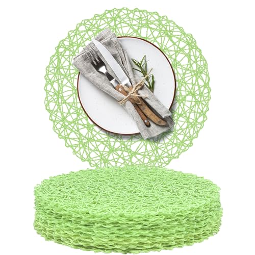 AHHFSMEI Paper Braided Round Placemats Set of 12 Natural Non-Slip Heat Resistant Table Mats for Dining Tables Woven Indoor Outdoor Place mats(Light Green,12) - color: Light Green