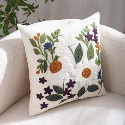 Embroidered Throw Pillow Covers 18x18 Pack of 2 Green Leaves Daisy - color: White Daisy