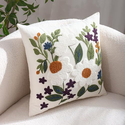 Embroidered Throw Pillow Covers 18x18 Pack of 2 Green Leaves Daisy - color: White Daisy