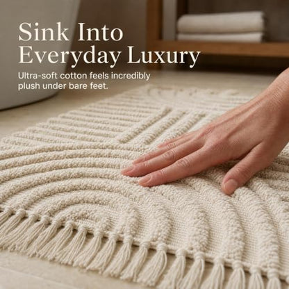 Beautiful Boho Rug with Tassels for Bathroom - Soft 2x3 ft Cotton - color: Cream, size: 2' x 3' (Rectangular)