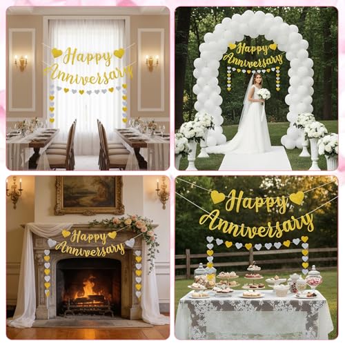 Pre-Strung Happy Anniversary Banner, Happy Anniversary Decorations Glitter Wedding Bunting Banner Flag No DIY Party Decoration Garland for Anniversary