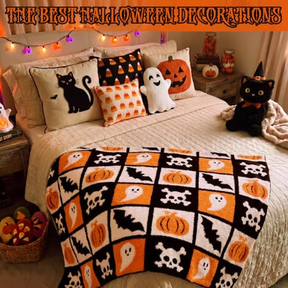 Halloween Ghost Blanket Spooky Pumpkin Bat Skull Knit Throw Blankets - color: Black and White, style: Halloween Reversible Ghost