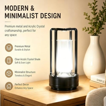 Rechargeable Crystal Table Lamp, 3-Color Touch LED, Black - color: Black