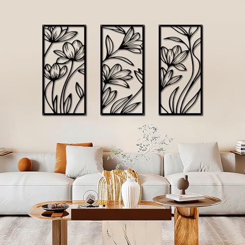 YIYA 3 Pcs Black Metal Flower Wall Art Minimalist Floral Line Art Sculpture 16.9" x 7.9" Rustic Iron Hanging Decor for Living Room Bedroom Bathroom（Lily） - style: lily