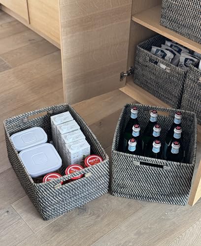 KOUBOO Loma Rectangular Rattan Storage Basket with Handles, Black Wash - color: Black-Wash