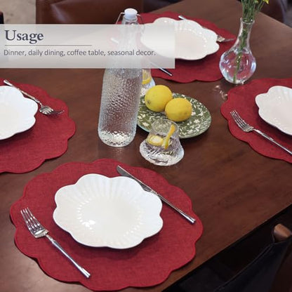 AHHFSMEI Round Scalloped Placemats Set of 6 15 Inch Faux Linen - color: Burgundy Red