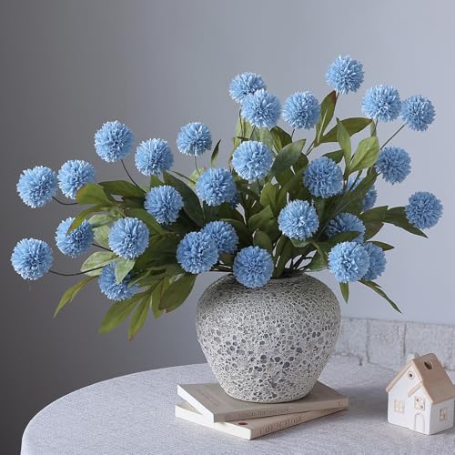 6 Pcs 27"Artificial Pompon Mum Silk Flower Stems for Vase (Dusty Blue) - color: Dusty Blue
