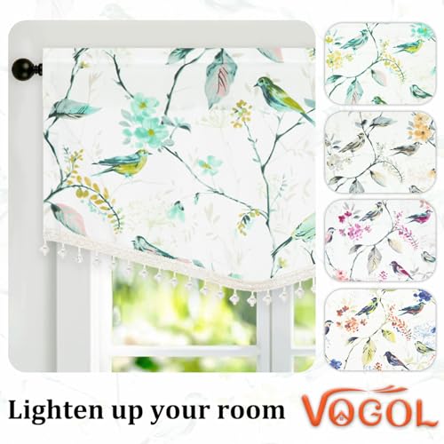 VOGOL Faux Linen Bird Pattern Valance, Rod Pocket, 52 x 16, 1 Panel, Green - color: Birds Green, size: 52"W x 16"L (Pack of 1)