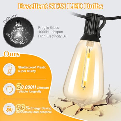 Brightever 50FT Outdoor String Lights 27 Bulbs, 2200K Amber Lights - color: Black Wire Amber White, size: 50FT