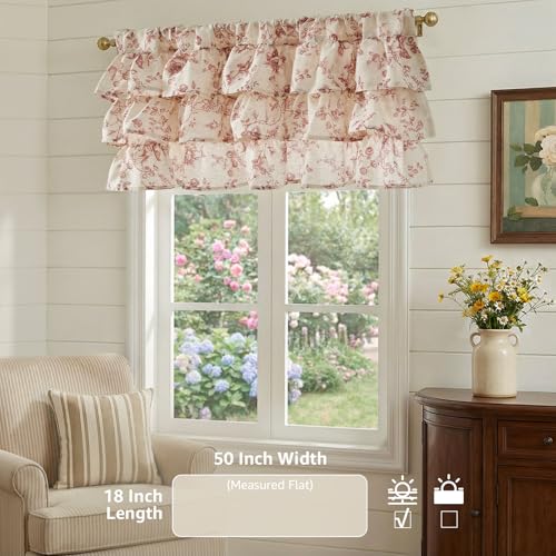 jinchan Amlie Ruffled Floral Valance Curtain 1 Panel 18 Inch Maroon - color: Amlie Maroon on Linen