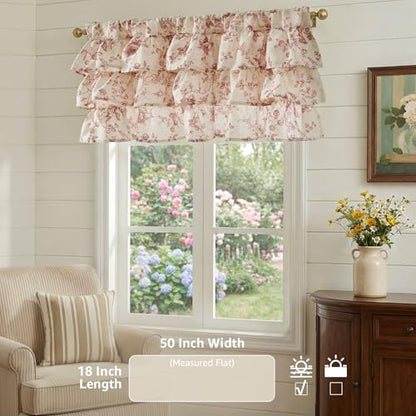 jinchan Amlie Ruffled Floral Valance Curtain 1 Panel 18 Inch Maroon - color: Amlie Maroon on Linen