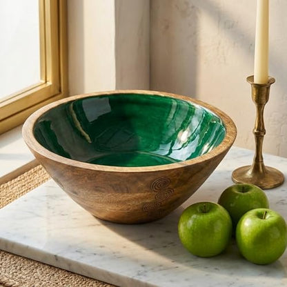 Green Wooden Decorative Bowl, Mango Wood Bowl Decor, High-Gloss Interior