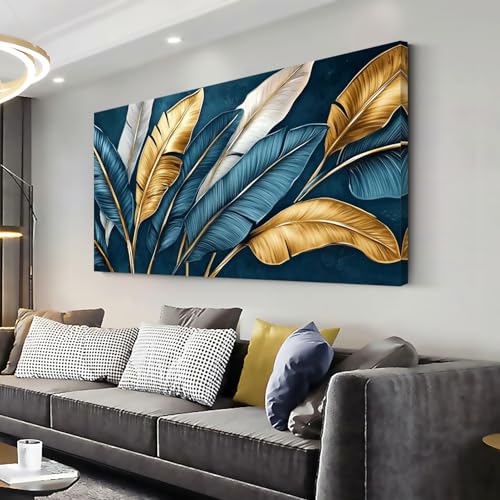 Navy Blue Tropical Leaf Wall Art for Living Room Canvas Painting Prints Botanical Banana Leaves Nature Gold Modern Artwork Office Bedroom Family Decor Large - color: Gold and Blue Wall Art(k828), size: 46L" x 23W"