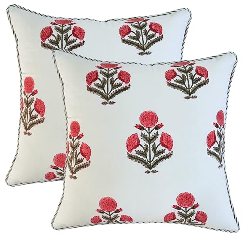 ATOSII Cotton Blockprint Throw Pillow Cover, Poppy, Set of 2, 18 X 18 - color: Poppy, size: 18" x 18" (Pack of 2)