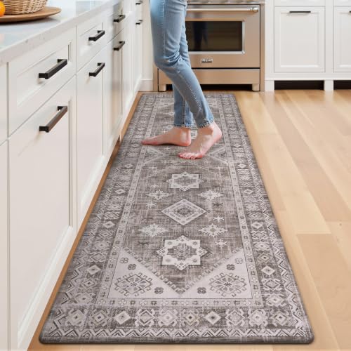 Ileading Anti Fatigue Kitchen Mat, Non Slip Cushioned Standing Floor Mat, Waterproof Kitchen Runner Rug, Farmhouse Comfort Padded Mat for Sink, Laundry, Office, Taupe&Ivory, 24''x71'' - color: Taupe&ivory