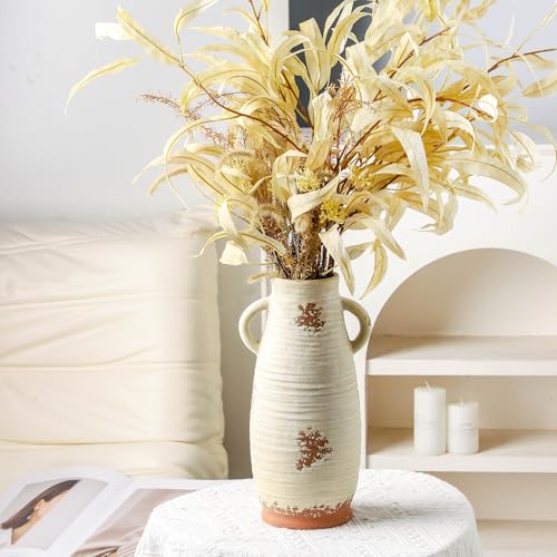 Ceramic Flower Vase with Handles, 12.3 Inch Tall Vase for Centerpieces, Large Decorative Terracotta Vases, Farmhouse Rustic Vases for Home Decor, Living Room, Table, Neutral - color: 203-3-12in