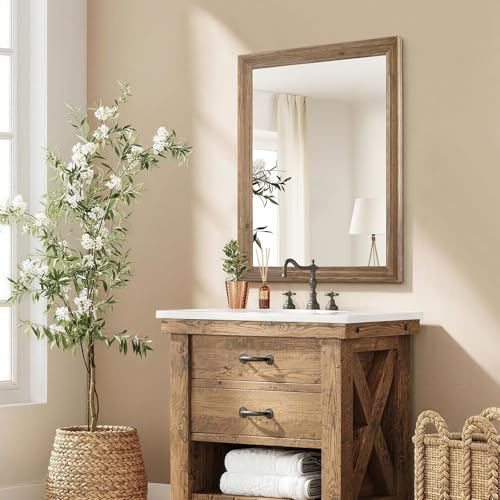 Niccy Rectangular Wall Mirror, 28"x36" Wood Bathroom Mirror, Antique - color: Antique Wood, size: 28"L x 36"W