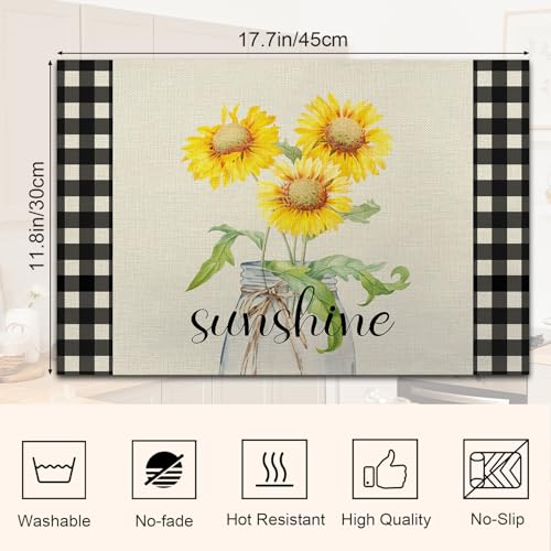 Buffalo Plaid Sunshine Sunflower Placemats, Resistant Place Mats Kitchen Decor Dining Decoration for Party, Sunflower Kitchen Decor Placemats Set of 4（ Sunshine ） -03 - style: Sunflower 3