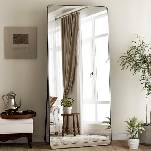 BEAUTYPEAK 76" x 34" Rounded Corner Full Length Mirror with Stand, Black - color: Black, size: 76"L x 34"W