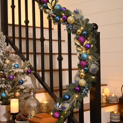 Valery Madelyn 6ft Pre-Lit Christmas Garland with Peacock Feather & Balls - color: Peacock, size: 6 feet