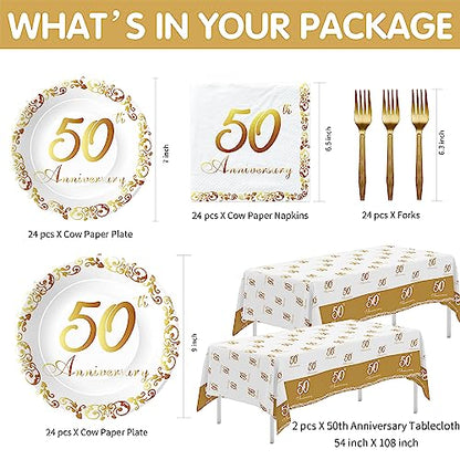 APOWBLS 50th Anniversary Decorations And Supplies Tableware Gold, Serves 24