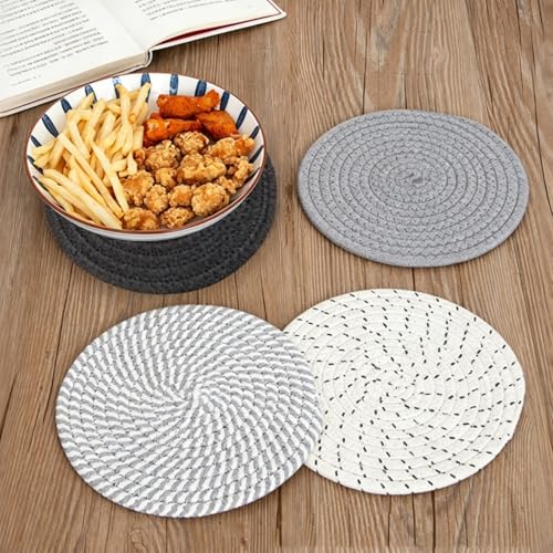 Gray Cotton Placemats Set of 4, 7 Inch Round Mats with Basket