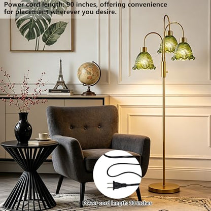Glass Floor Lamp 3-Light 70" Green Flower Gold Dimmable Tall Standing Lamps - color: Green Flower-Gold