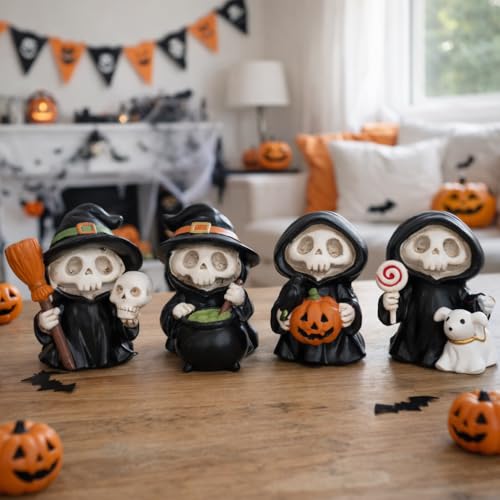Halloween Figurines Set of 4 Halloween Decorations Indoor Table Decor Mini Skeleton Figurines Witch Skull Resin Statues Shelf Mantel Tiered Tray Decor Cute Spooky - color: Black
