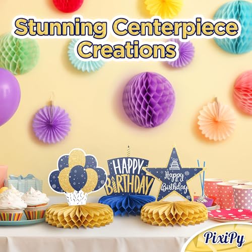 Happy Birthday Table Decoration Centerpieces - 8 Pieces, Blue & Gold - Double-Sided Happy Birthday Centerpieces for Tables - Party Supplies for Elegant Birthday Decorations - by PixiPy - style: Blue & Gold (Pack of 8)