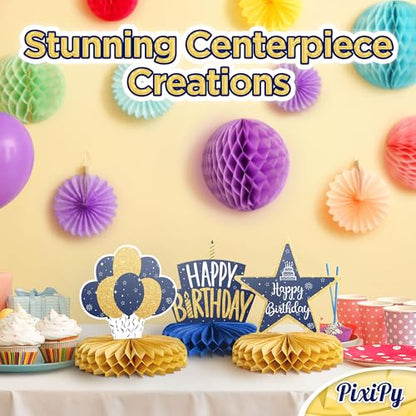 Happy Birthday Table Decoration Centerpieces - 8 Pieces, Blue & Gold - Double-Sided Happy Birthday Centerpieces for Tables - Party Supplies for Elegant Birthday Decorations - by PixiPy - style: Blue & Gold (Pack of 8)