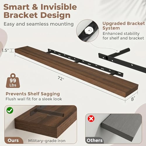 72 Inch Floating Shelves for Wall, 8"D Wood Storage Shelves, Walnut Finish - color: Walnut, size: 72 Inch