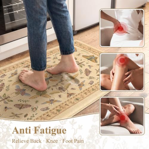 KIMODE Kitchen Mats for Floor 2 Piece Anti Fatigue Cushioned Kitchen Rugs - color: Cream Beige Botanical
