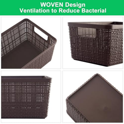 6 Pack Plastic Storage Baskets with Lid,Brown Stackable Bins - color: Brown