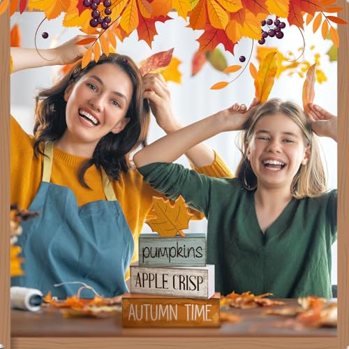 Lineshading 4 Pcs Fall Table Decor for Home, Wooden Maple Leaves Block Sign - style: Autumn Maple Leaf