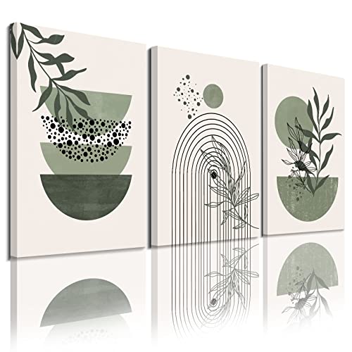 Sage Green Wall Posters & Prints, Green Boho Wall Art Set of 3, Minimalist Framed Wall Art Geometric Line Leaf Sun Moon Beige Green Canvas Artwork Paintings - color: Green Boho Prints, size: 20x30inchx3pcs