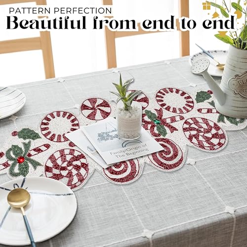 Beaded Christmas Table Runner, 13 x 36 Inches, Festive Holiday Table Decor - color: Red/Green/White