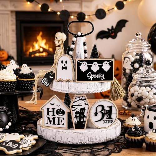 6Pcs Halloween Table Decoration Spooky Ghost Wooden Signs - color: Halloween Black Sign