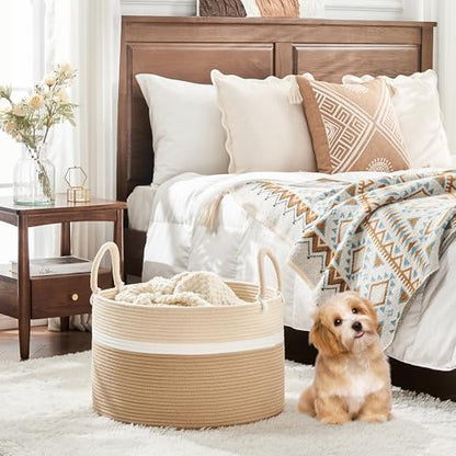 KAKAMAY Large Blanket Basket with Handles, Storage Basket for Living Room - color: White and Brown