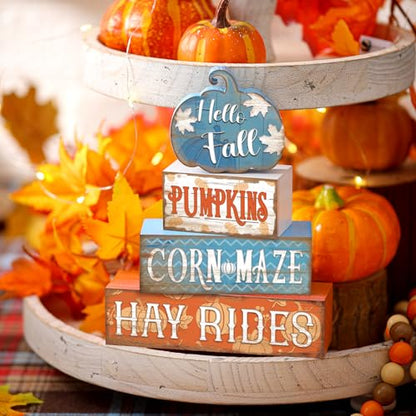 4 Pcs Fall Blue Pumpkin Decor for Home Hello Fall Wooden Signs with Blessed - style: Blue Pumpkin