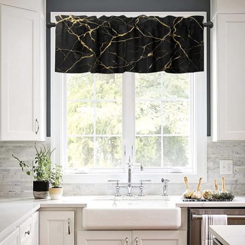 Gold Black Marble Valance, Modern Luxury Vinatge Marbling Abstract Ink Art Painting Blackout Short Window Curtain Treatment for Kitchen Bedroom Cafe Living Room, 54x18inch - color: Marble-11